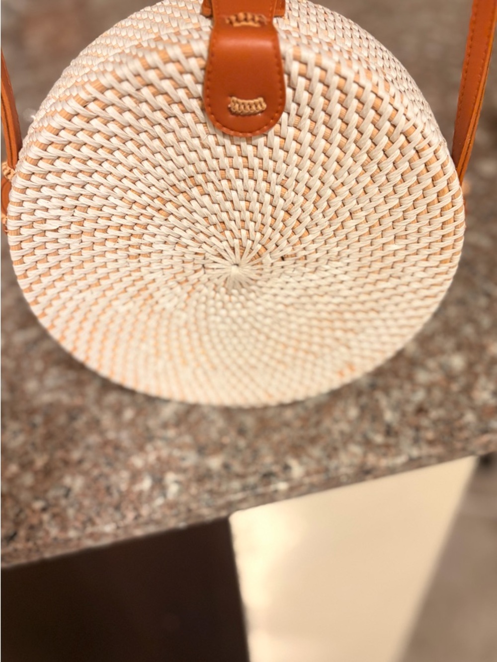 Bali 8” diameter Cream Woven Round Mini Bag with Brown leather Strap - Picture 3 of 6